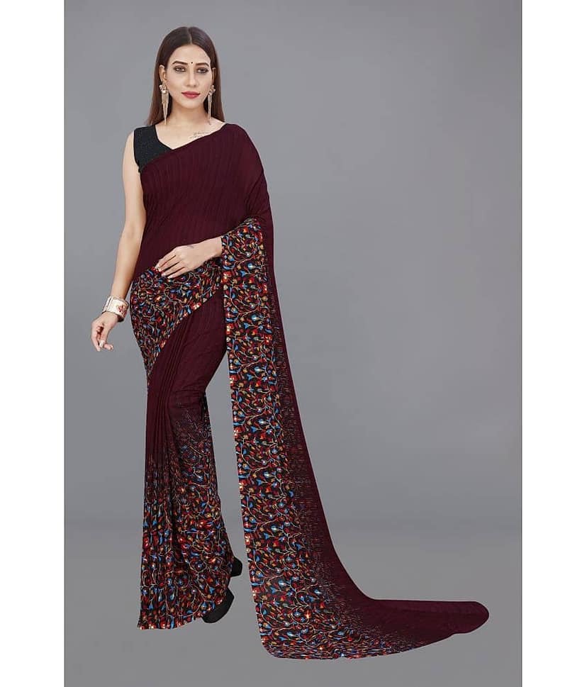 ANAND SAREES Georgette Printed Saree With Unstitched Blouse Piece ( Brown )