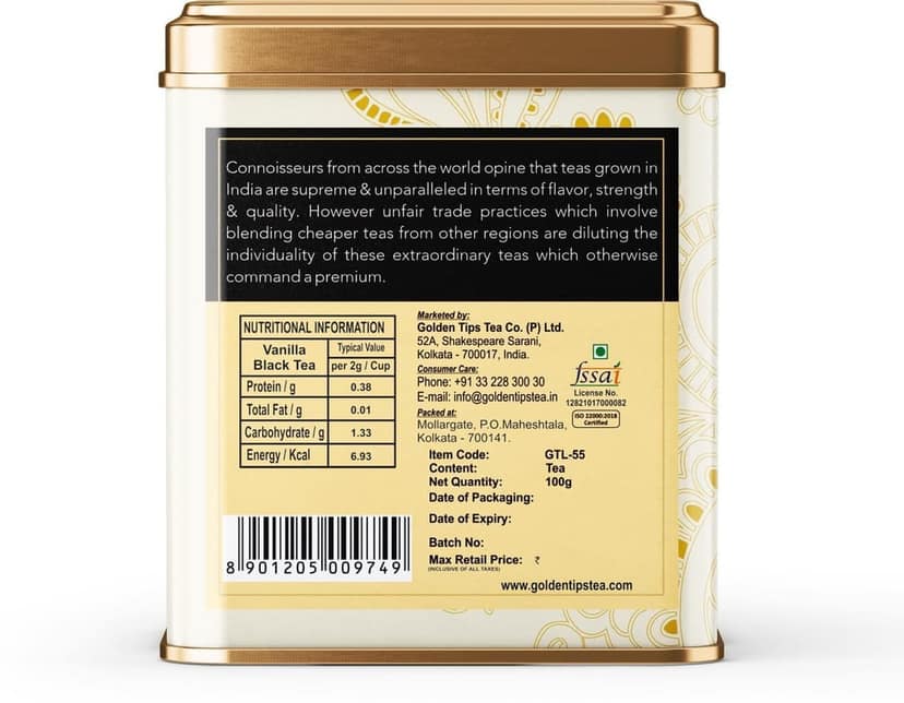 Golden Tips Vanilla Flavour Loose Leaves Black Tea Tin Can (100 Gram , 50 cups) view 2