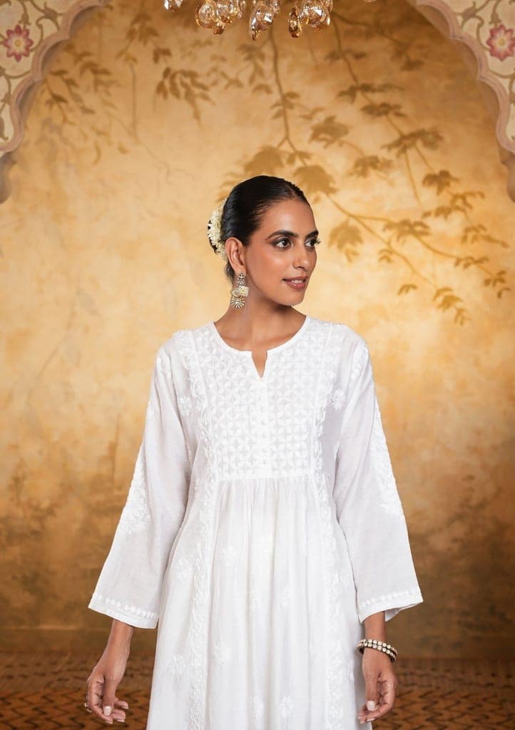 Chanderi Chikankari Solid Women's Long Kurta - White view 4