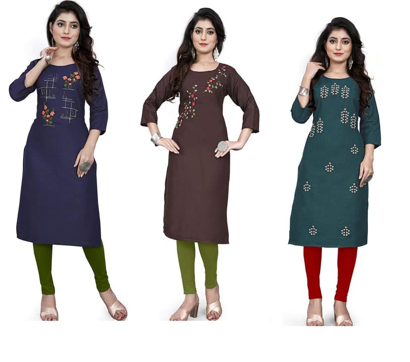 STYLEOO Women's Cotton Embroidered Regular Combo Kurti Pack of 3 (Blue, Brown, Green) (M, L, XL, XXL) view 5