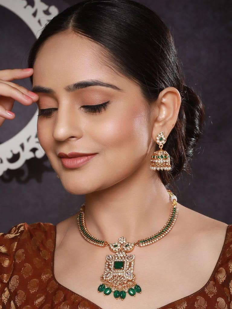 Gold Plated Green Zircon & Pearl Beaded Floral Pipe Pendant Jewellery Set With Jhumka
