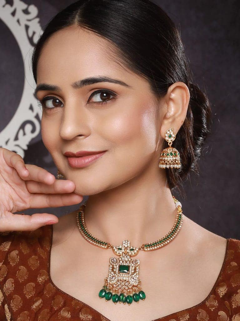 Gold Plated Green Zircon & Pearl Beaded Floral Pipe Pendant Jewellery Set With Jhumka view 2