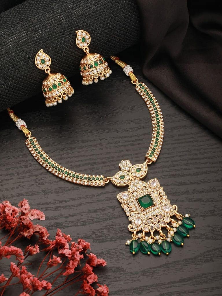 Gold Plated Green Zircon & Pearl Beaded Floral Pipe Pendant Jewellery Set With Jhumka view 3