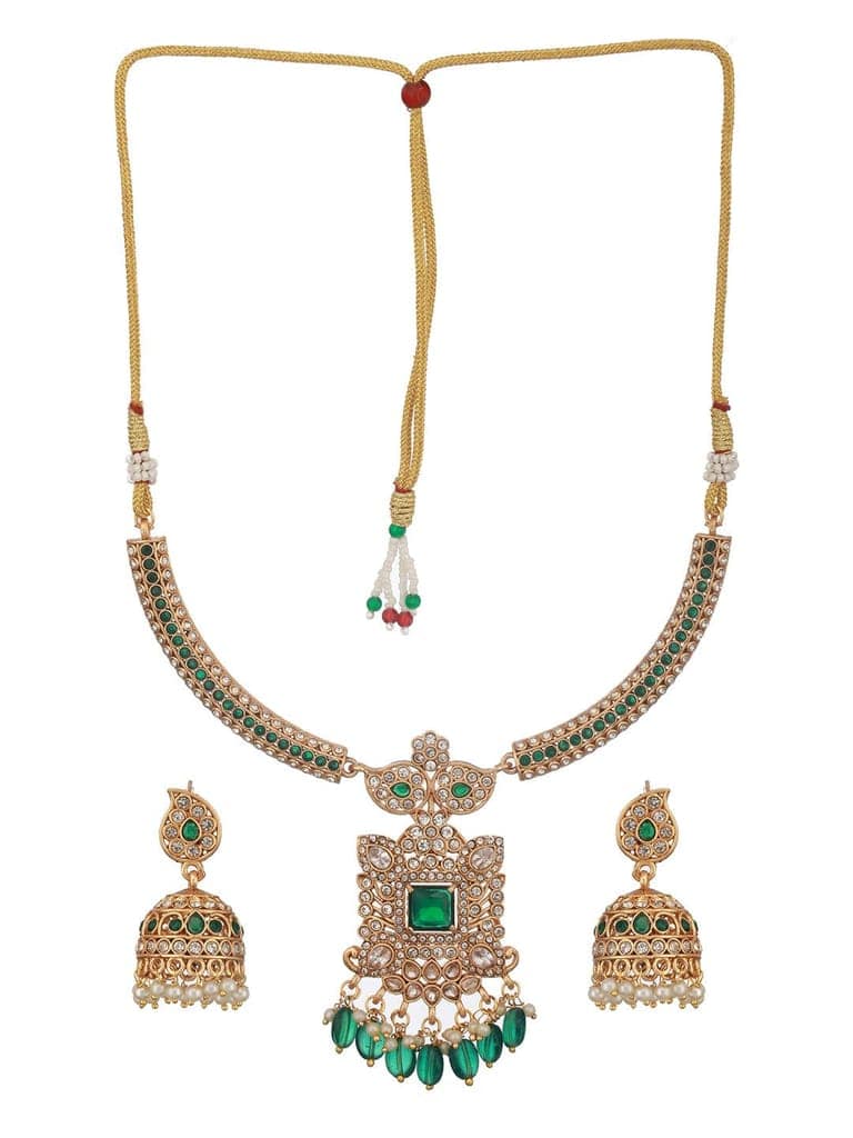 Gold Plated Green Zircon & Pearl Beaded Floral Pipe Pendant Jewellery Set With Jhumka view 4