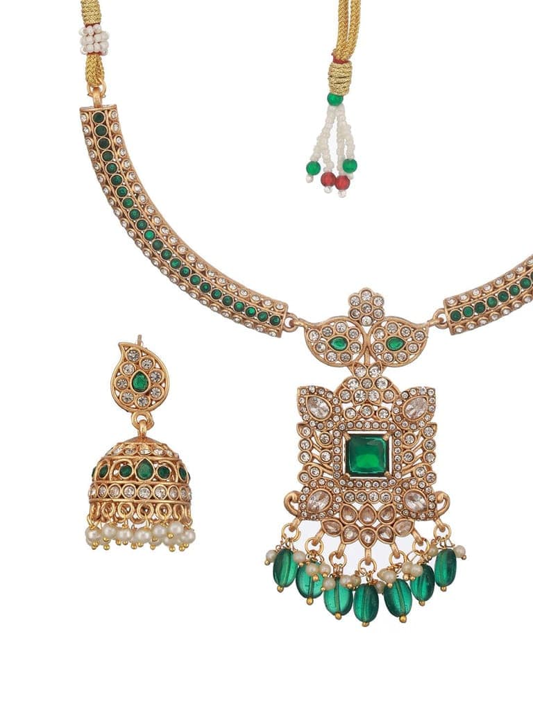 Gold Plated Green Zircon & Pearl Beaded Floral Pipe Pendant Jewellery Set With Jhumka view 5