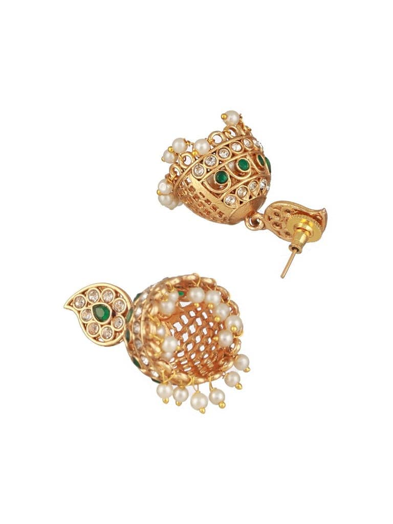 Gold Plated Green Zircon & Pearl Beaded Floral Pipe Pendant Jewellery Set With Jhumka view 6