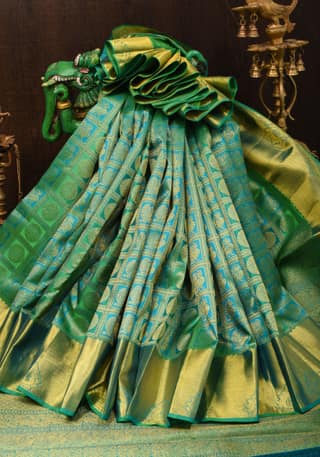 Green Dual Tone Patola Design Brocade Kanjivaram Silk saree with Antique Gold Zari | SILK MARK CERTIFIED