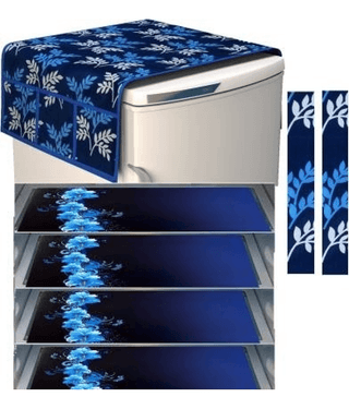 Crosmo Polyester Floral Printed Fridge Mat & Cover ( 64 18 ) Pack of 7 - Blue