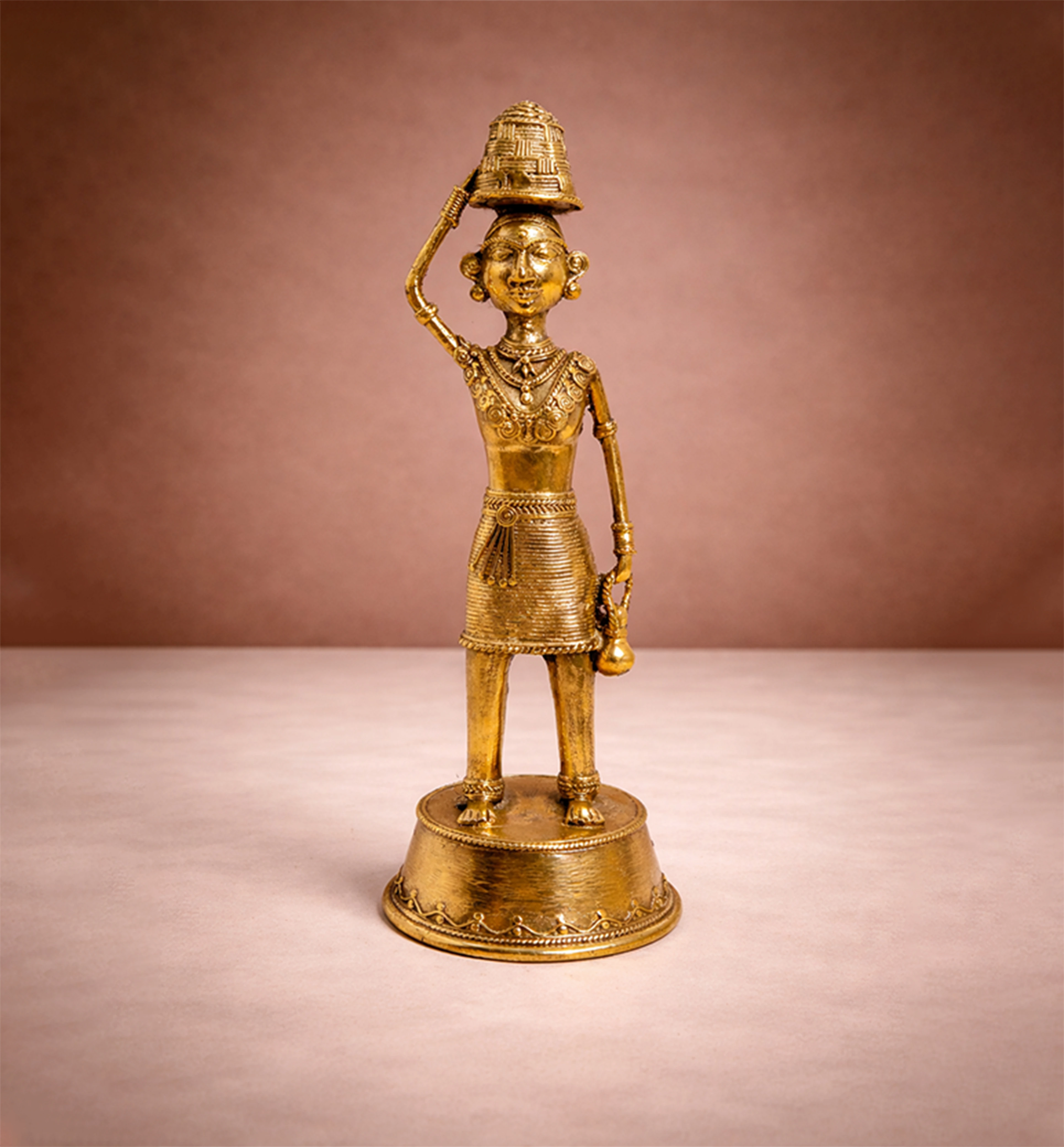 Handcrafted Brass Tribal Woman Figurine – Traditional Bhareva Bell Metal Sculpture