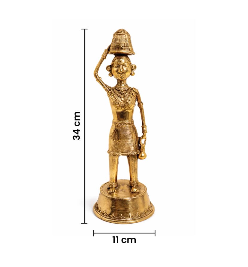 Handcrafted Brass Tribal Woman Figurine – Traditional Bhareva Bell Metal Sculpture view 7