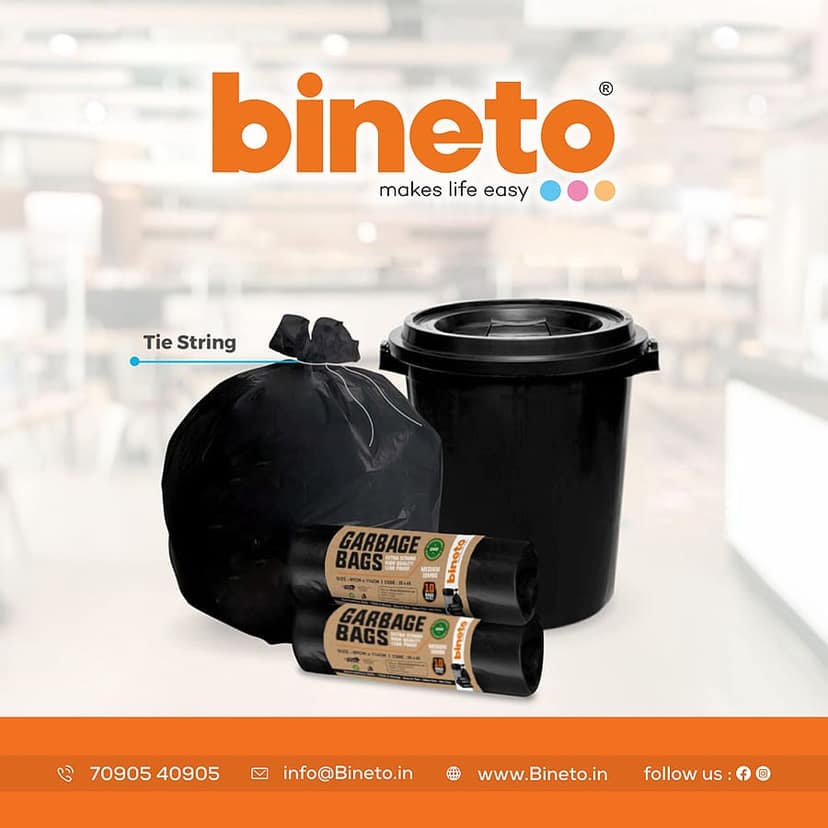 Bineto Brand , Oxo-Biodegradable Garbage Bags, Medium size - 43 CM X 48 CM(17 x 19 inches) - 30 bags/roll (Pack of 6, Black)