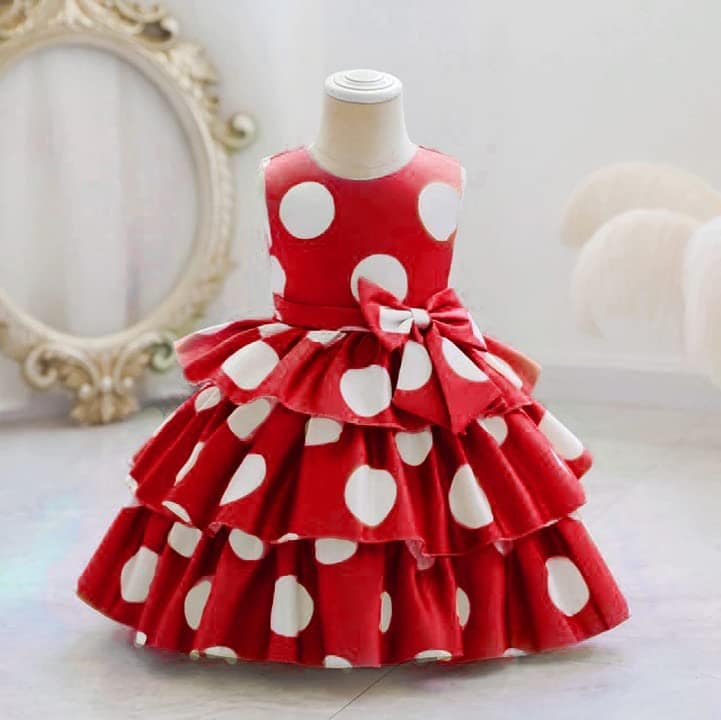Buy & Try Girl's Satin Printed Knee Length Sleeve Less Short Frock Dress. view 10