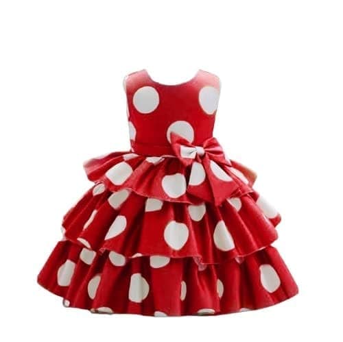 Buy & Try Girl's Satin Printed Knee Length Sleeve Less Short Frock Dress. view 9