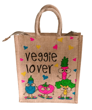 Eco-Friendly Jute Veggie Lover Tote Bag with Cartoon Print