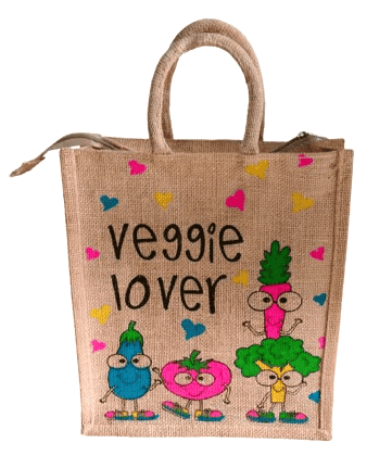 Eco-Friendly Jute Veggie Lover Tote Bag with Cartoon Print