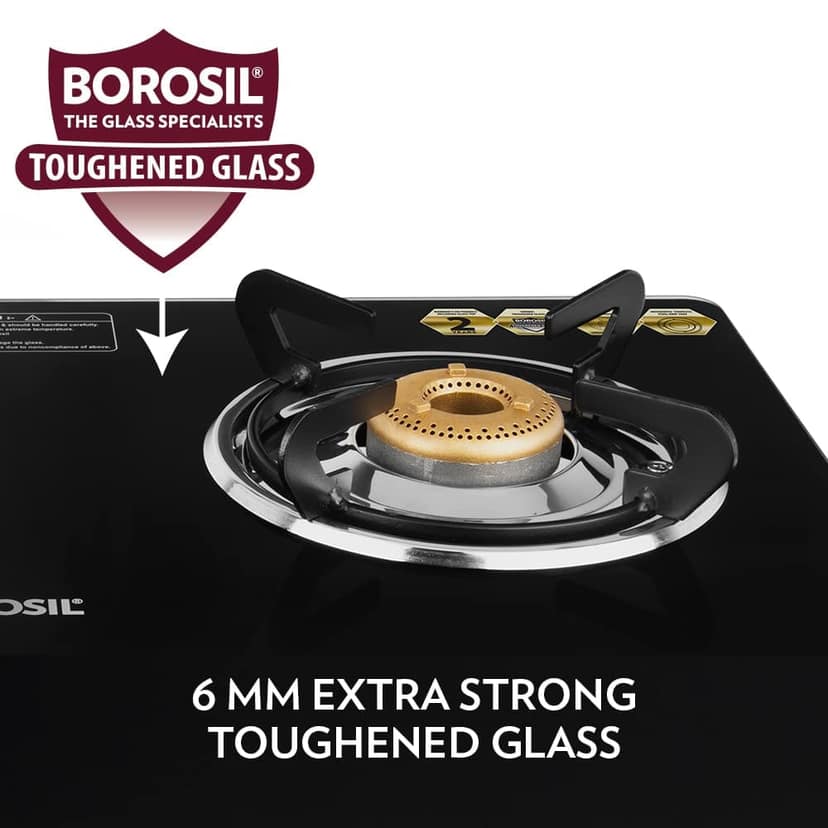 Borosil Magnum 2 Brass Burner Gas Stove (Made in India) | 6 mm Toughened Borosilicate Glass Top | ISI Certified LPG Gas Stove | 360⁰ Revolving nozzle | High Effeciency Burner | 2 Years Warranty view 2