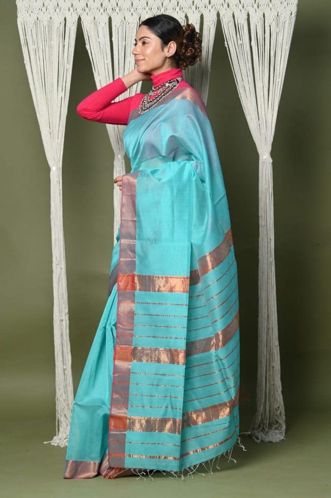 Handloom Cotton Silk Saree With Sleek Golden Border~sky blue view 2