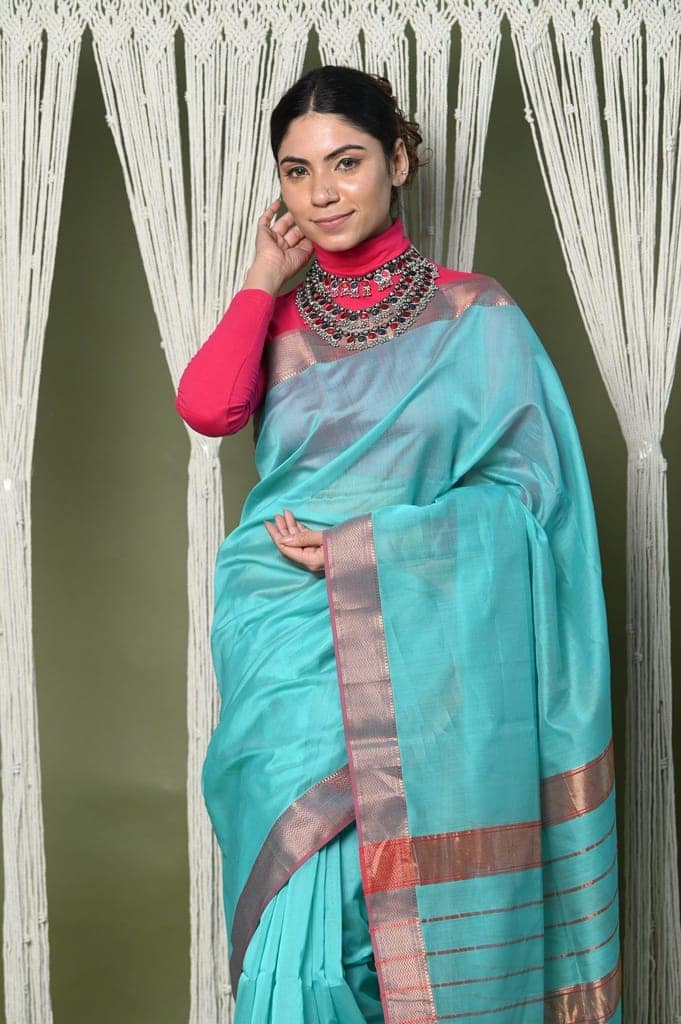Handloom Cotton Silk Saree With Sleek Golden Border~sky blue view 3