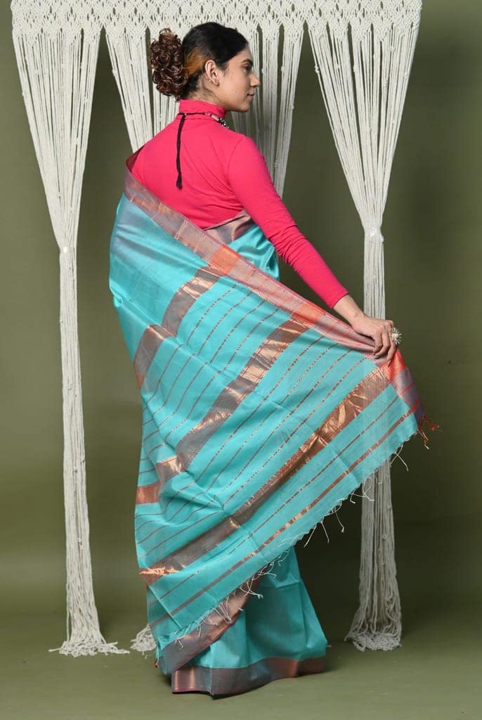 Handloom Cotton Silk Saree With Sleek Golden Border~sky blue view 4