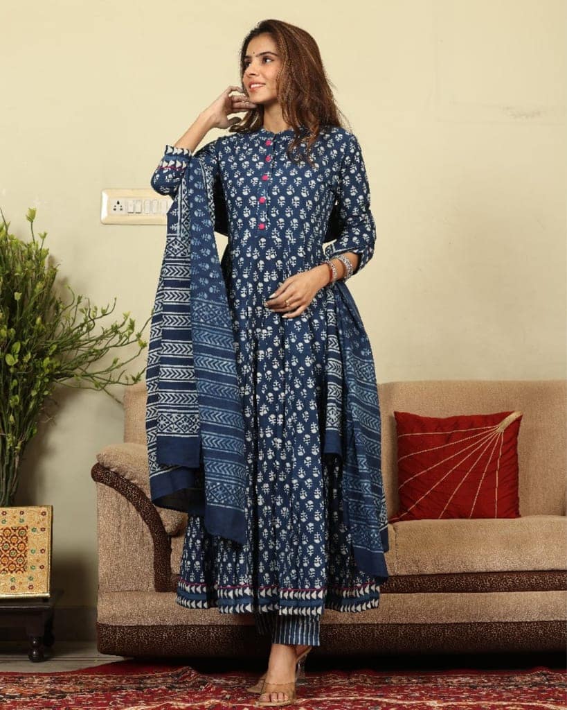 Anarakali Kurti Set Blue Color Bagru Handblock print with Mulmul Dupatta-2403 view 5