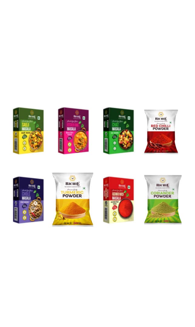 Richie Powder Spices - Kashmiri Mirch Powder, Kitchen King Masala, Chat Masala, Sabji Masala, Chole Masala, Lal Mirch Powder 100 gm Each & Coriander Powder, Turmeric Powder, 200 gm Each - Pack of 8