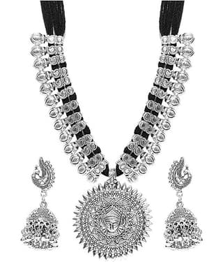 YouBella Fashion Jewellery Antique German Silver Oxidised Plated Tribal Cotton Thread Jewellery Necklace Earring Set for Women & Girls.(Valentine Gift Special). (Black)