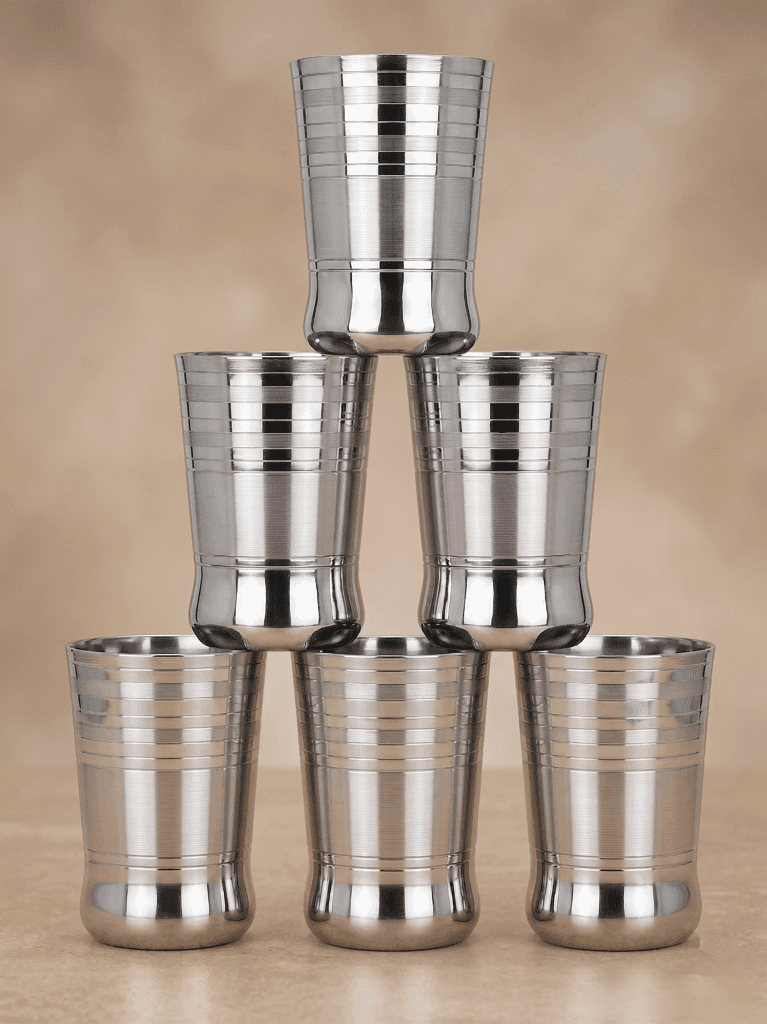 WEKTU Premium Stainless Steel Glass Set of 6 – Multi-Groove Ribbed Water & Milk Tumblers