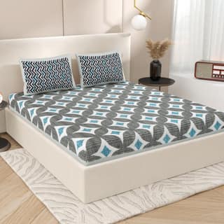 Lali Prints Grey Geometric Printed Cotton 130 TC Queen Bedsheet with 2 Pillow Covers