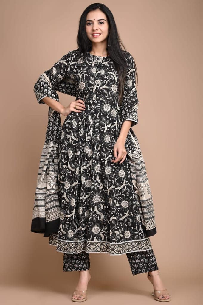 Anarkali Kurti Set Bagru Dabu HandBlock Print Diesel Grey Color with natural dye and Mulmul Dupatta(Size: 34-48)-3228 view 3