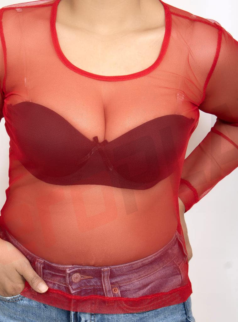Red Soft and Stretchy Cotton Knit Rib Fitted V Neck Fitted Casual and Sports Crop Top view 4