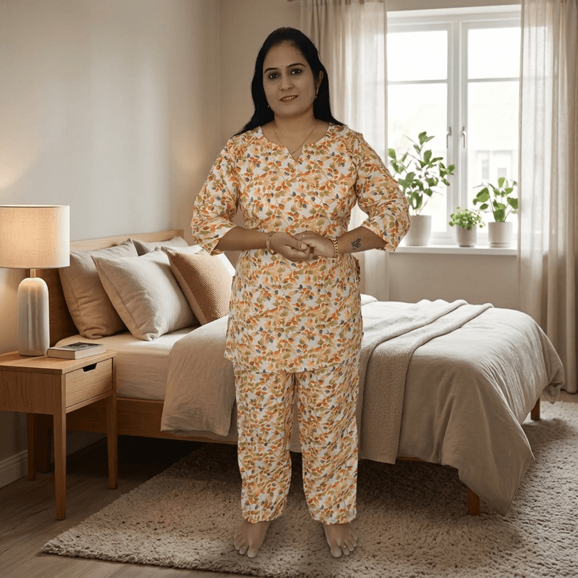 Mom and Me Women's Cotton Floral Print Co-Ord Set, 3/4 Sleeve Kurta with Pyjama, Ethnic Nightwear, Multicolour (Light Orange, M) view 3