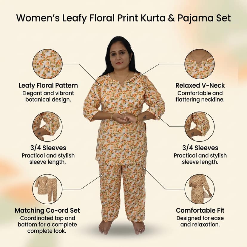 Mom and Me Women's Cotton Floral Print Co-Ord Set, 3/4 Sleeve Kurta with Pyjama, Ethnic Nightwear, Multicolour (Light Orange, M) view 4