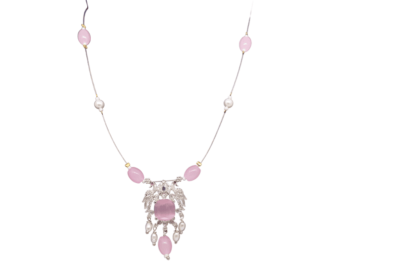 Elegant Pink Stone Pendant Necklace with Pearl Drops view 2