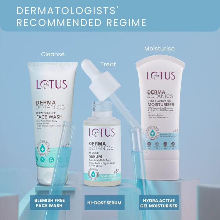 Lotus DermaBotanics Kojic Acid + Multi Berry Blemish-Free Face Wash(100 ml) + Kojic Acid + Multi Berry Hi-Dose Serum(28 ml) +Hydra Active Gel Moisturiser 2.5% Hyaluronic Acid Complex(50 gm) (Pack of 3) view 2