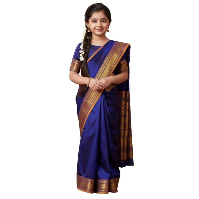 Mom and Me Kids Ethnic Pre-Stitched Belgaon Silk Saree with Golden Zari Border