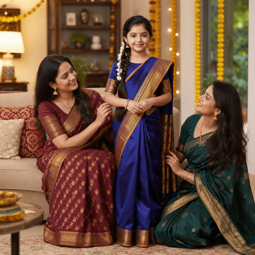 Mom and Me Kids Ethnic Pre-Stitched Belgaon Silk Saree with Golden Zari Border view 2