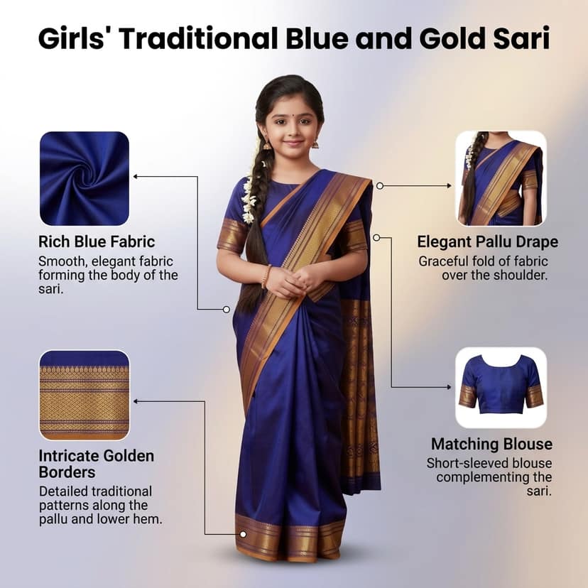 Mom and Me Kids Ethnic Pre-Stitched Belgaon Silk Saree with Golden Zari Border view 3