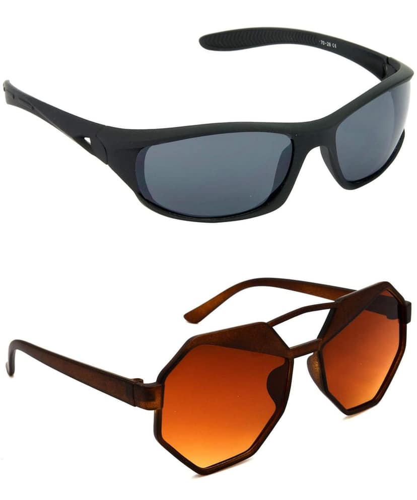 HRINKAR Unisex Sports Sunglasses Black & Brown Frame, Grey & Brown Lens (Medium) - Pack of 2