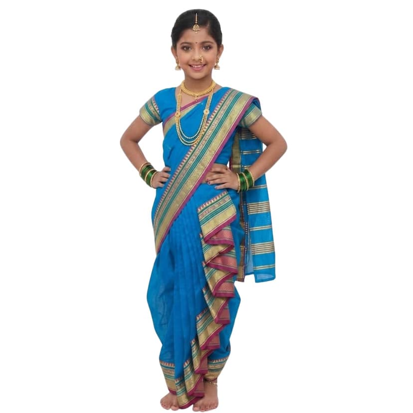 Mom and Me Girls' Ready-to-Wear Mastani Nauwari Saree with Stitched Blouse | Traditional Maharashtrian Ilkal Border | Soft Acrylic Cotton | Age 12 Months to 15 Years (Blue, 6-7 Years)
