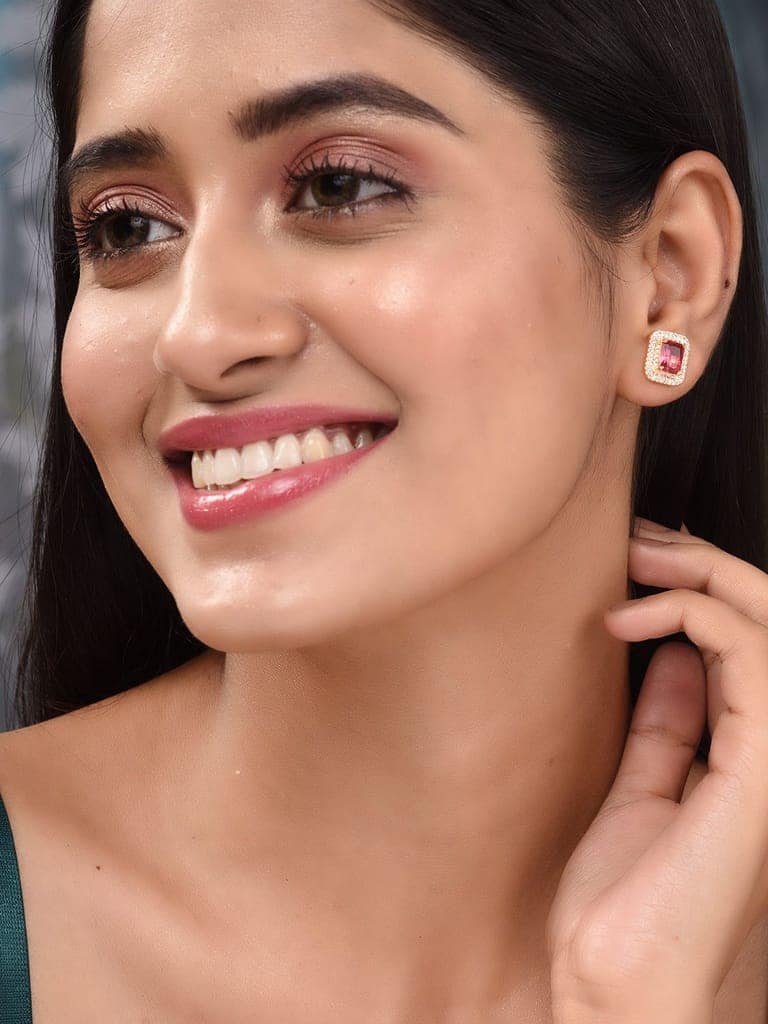 Women GoldPlated Red Square Studs Earrings view 3