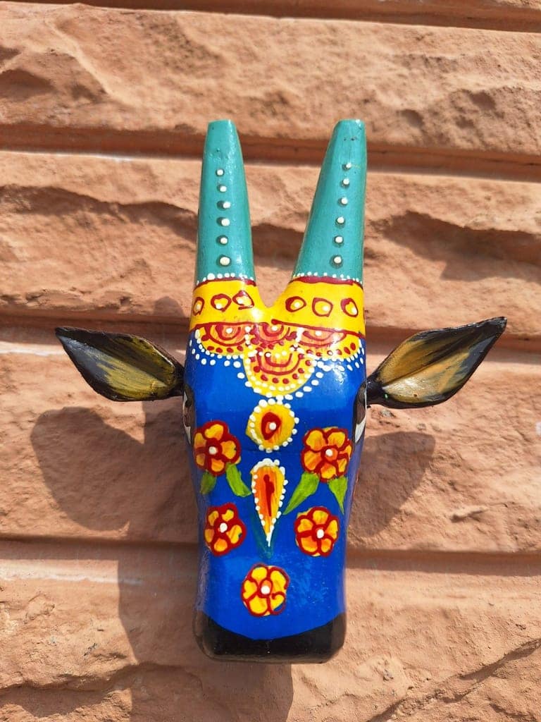 Mermaid Collections Cow Head (Blue) Wooden Wall Sculpture Bull Mask Good Luck Statue Home Art decor