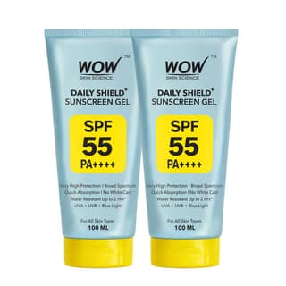 WOW Skin Science Daily Shield+ Sunscreen Gel SPF 55 PA++++ | Broad Spectrum UVA UVB & Blue Light Protection | Lightweight Gel, No White Cast | Water Resistant up to 2 Hrs | For All Skin Types | 100 ml | Pack of 2 WOW Skin Science Daily Shield+ Sunscreen