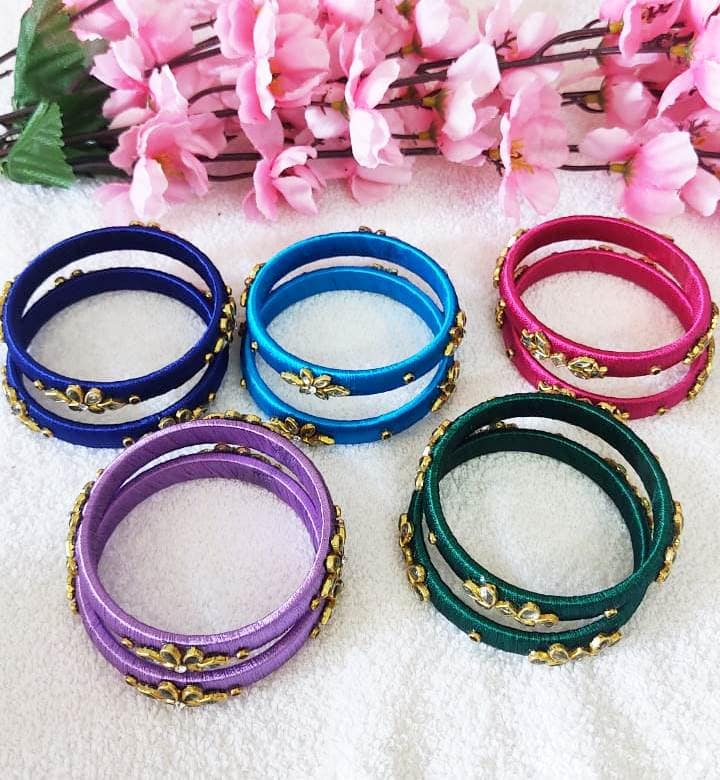 Set of 5 Silk Thread Bangles with Kundan Stones Multi colours Bangles- ( Set of 5 ) view 2