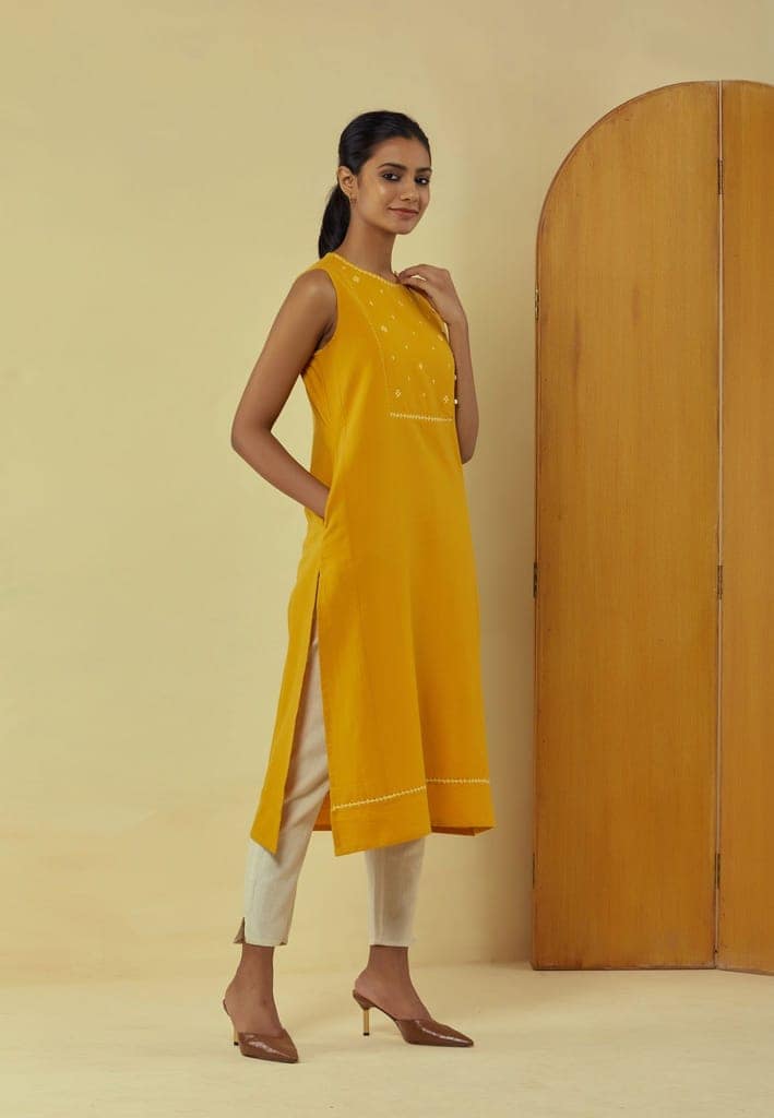 Liana Turmeric Sleeveless Kurta with Hand Embroidery view 2