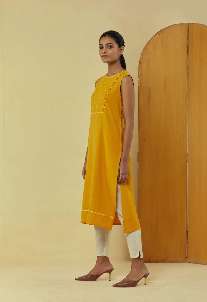 Liana Turmeric Sleeveless Kurta with Hand Embroidery view 3