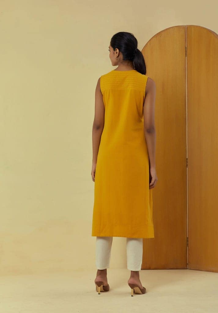 Liana Turmeric Sleeveless Kurta with Hand Embroidery view 5