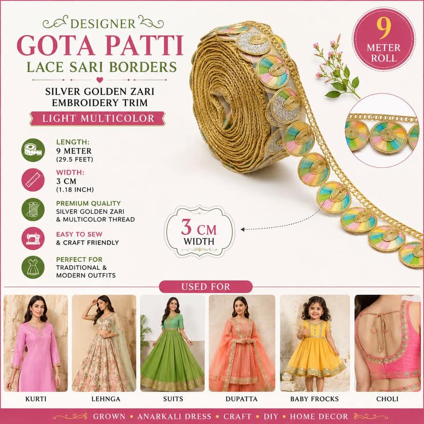Designer Gota Patti Lace Sari Borders 3 cm Silver Golden Zari Light Multicolor Embroidery Trim 9m view 3