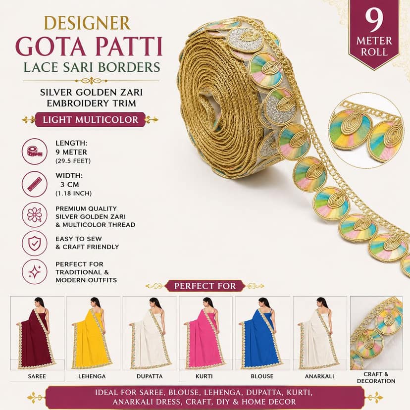 Designer Gota Patti Lace Sari Borders 3 cm Silver Golden Zari Light Multicolor Embroidery Trim 9m view 4