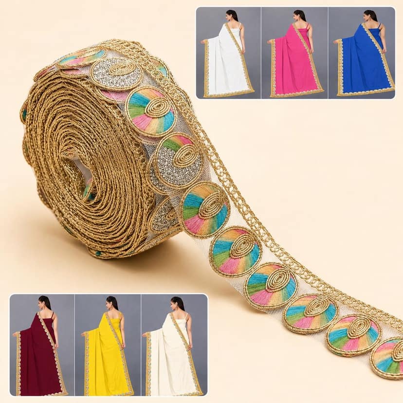 Designer Gota Patti Lace Sari Borders 3 cm Silver Golden Zari Light Multicolor Embroidery Trim 9m view 6