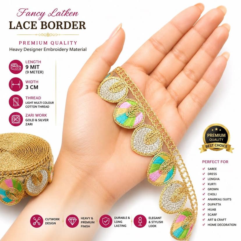 Designer Gota Patti Lace Sari Borders 3 cm Silver Golden Zari Light Multicolor Embroidery Trim 9m view 8